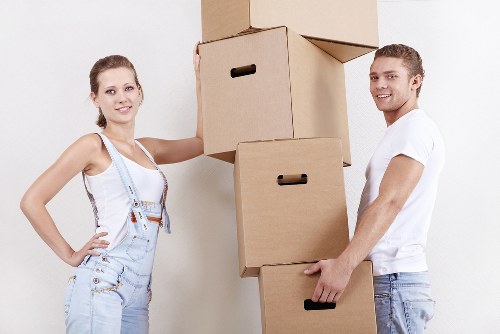 Packed office boxes and furniture ready for relocation in Ruislip
